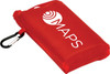 A compact red picnic mat with a carabiner clip and a logo on the surface.