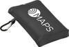 A compact, black picnic mat with a carabiner attachment and a logo.