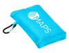 A compact picnic mat in bright blue, featuring a logo and a carabiner attachment for easy carrying.