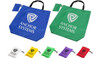 Two reusable grocery bags in blue and green, each with a logo, alongside various coloured pouches for storage.