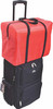 A black wheeled bag with a red top section and black straps, featuring a handle and a branding logo.
