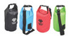 Aqua Dry Bags in black, red, blue, and green, featuring adjustable straps and branding on the front.