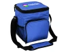 A blue waterproof cooler bag with a shoulder strap and mesh pocket, featuring a logo on the front.