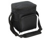 A black waterproof cooler bag with a zippered top, side pocket, and an adjustable strap. It features a logo.
