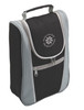 A drink bottle cooler bag featuring a black and grey design with a handle and front zip pocket. It has a logo on it.
