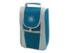 A drink bottle cooler in teal and grey, featuring a zip closure and a front pocket. Includes a logo.