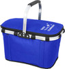 A blue cooler bag with a sturdy handle and a zippered top, featuring a logo on one side.