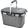 A grey picnic cooler with a foldable handle and an aluminium frame, featuring a logo on the top.