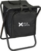 A black cooler seat with a sturdy frame and a front pocket. It features a logo on the front.