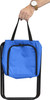 A blue cooler bag with a zippered front pocket is being held by a hand. The bag has black handles and a branding logo.