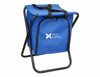 A blue cooler seat with a sturdy black frame, featuring a logo on the front.