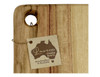 A wooden cheese board with a hole for hanging, featuring natural wood tones and a tag with branding.