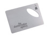 A drink bottle opener in a sleek silver finish, featuring a logo and a cut-out design. 