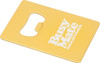 A yellow bottle opener keyring with a cut-out design and a logo.