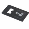 A black bottle opener in a card format with a cut-out section for opening drinks and a logo on the surface.
