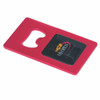 A red bottle opener with a dome print and a logo, featuring a convenient card design.