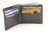 A black wallet opened to display multiple card slots and compartments for cash or documents.
