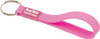 A pink silicone sling keyring with a metal ring and a branding piece.