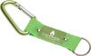A green keyring with a silver carabiner and a branded metal plate.