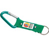 A green keyring with a carabiner and a fabric strap, featuring a logo on the strap.