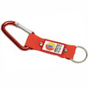 A red keyring with a carabiner clip and a fabric strap, featuring a logo on the strap.