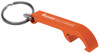 A drink bottle opener keyring in orange metal, featuring a round keyring attachment and a logo.