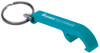 A drink bottle opener keyring in bright turquoise with a metal ring and a logo printed on it.