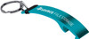 A drink bottle opener keyring in teal with a silver keyring attachment and a logo.