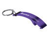 A drink bottle opener keyring in purple featuring a logo, with a metal keyring attachment.