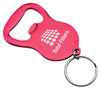 A drink bottle opener in a vibrant red colour, featuring a circular keyring attachment and a logo.