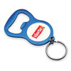A blue bottle opener keyring featuring a circular area for branding. It includes a metal ring attachment.