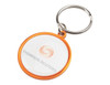A round keyring with an orange border and a clear central section, featuring a logo.