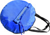 A blue pop-up beach shelter with a zippered pocket and black straps for easy carrying.