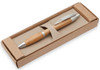 A bamboo pen with a silver clip presented in a kraft box. The packaging features a textured insert.