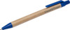 A pen featuring a brown barrel with a blue clip and tip, displaying a branding label.