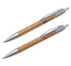 A bamboo pen and pencil set featuring silver accents, with a logo on each item.