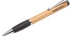 A bamboo pen with a black rubber grip and metallic accents. Features branding on the barrel.