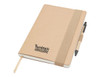A large A5 notepad in natural tones with a pen attached and a logo on the cover.