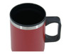 A travel mug in a vibrant red colour with a black interior and a sturdy handle. It features a silver accent band.