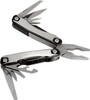 A stainless steel multi-tool featuring pliers, various blades, and multiple attachments, with a sleek black handle.