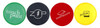 Four circular Frisbees in green, black, red, and yellow, each featuring a different logo or branding element.
