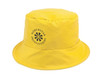 A yellow bucket hat featuring a logo, designed for headwear use.