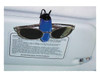 A blue sunglass holder with a pair of sunglasses attached, mounted on a car visor.