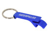 A blue bottle opener keyring with a metal loop, featuring a logo on its flat surface.