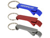 A drink bottle opener keyring set in blue, red, and grey, featuring a branding logo.