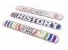 Three nail files featuring various designs, including colours of blue, red, and stripes, with a logo on each.