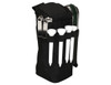 A black zippered pouch containing golf tees and a small accessory, featuring a clip and branding.