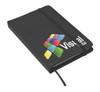A black notebook with a logo featuring colourful squares and an elastic band closure.