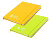 A yellow and a green notepad with a logo on the covers, featuring a smooth finish and an elastic band.