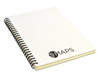 A white A5 notebook with a spiral binding and a logo on the cover, featuring lined pages inside.